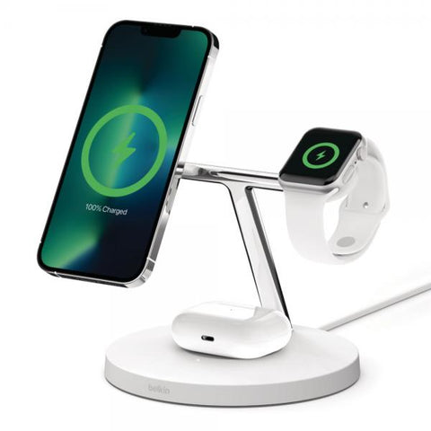 Belkin BOOSTCHARGE PRO Auricolare, Smartphone, Orologio intelligente Bianco dC Carica wireless Ricarica rapida Interno (MAGSAFE 3-IN-1 WIRELESS CHARGER WHT)