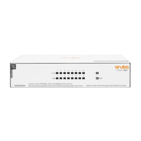 HPE Aruba Networking Aruba Instant On 1430 8G Class4 PoE 64W Non gestito L2 Gigabit Ethernet [10/100/1000] Supporto Power over Ethernet [PoE] Bianco (ARUBA ION 1430 8G 64W POE - SWITCH)
