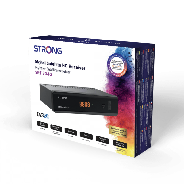 STRONG SRT 7040 DECODER SATELLITARE DIGITALE S2 DVB-S2 FTA USB HEVC.265 MAIN 10 DOLBY DIGITAL PLUS SUPPORTA SATCR NERO