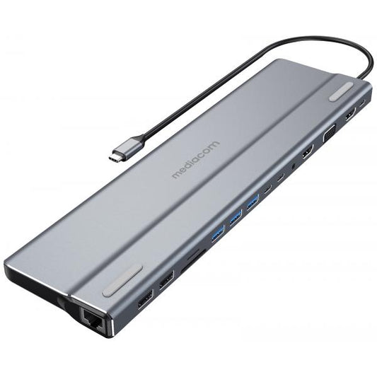 MEDIACOM MD-C320 DOCKING STATION POWER DELIVERY 100 W 3 x USB-A 3.1- 2 x USB-A 2.0 - 1 x USB-C 100 W - 2 x HDMI 1 x RJ-45 GIGABIT ETHERNET - 1 x VGA 15 PIN - 1 x SD MMC MEMORY CARD - 1 x MICRO SD