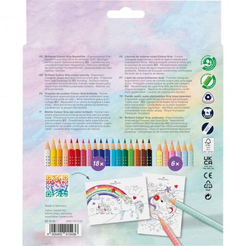 FABER CASTELL COLOUR GRIP PASTELLI MINA 3 mm FUSTO ESAGONALE CON ADESIVI UNICORNO COLORI ASSORTITI CONF 24 Pz.