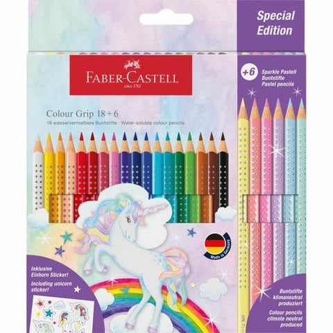 FABER CASTELL COLOUR GRIP PASTELLI MINA 3 mm FUSTO ESAGONALE CON ADESIVI UNICORNO COLORI ASSORTITI CONF 24 Pz.