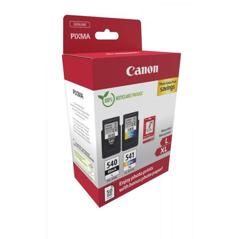 CANON PG540L/CL541XL PHOTO VALUE PACK CONFEZIONE 2 CARTUCCE NERO L COLORE XL CIANO, MAGENTA, GIALLO + 50 FOGLI CARTA FOTOGRAFICA