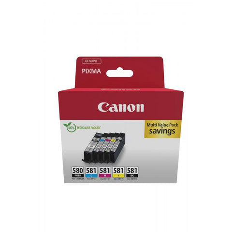 CANON PGI-580BK/CLI-581 BK/C/M/Y MULTIPACK CONFEZIONE DA 5 INK NERO-GIALLO-CIANO-MAGENTA-PIGMENTO NERO PER PIXMA TS6251, TS6350, TS6351, TS705, TS8252, TS8350, TS8351, TS8352, TS9550, TS9551