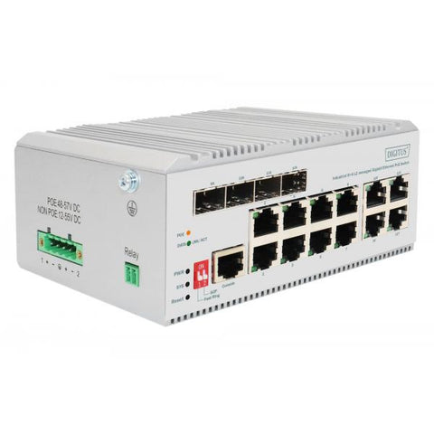 Digitus Switch PoE di rete Gigabit Ethernet a 8 porte, industriale, gestito L2, 4 Uplink SFP (DIGITUS Netzwerk PoE Switch 8-Port Gig)
