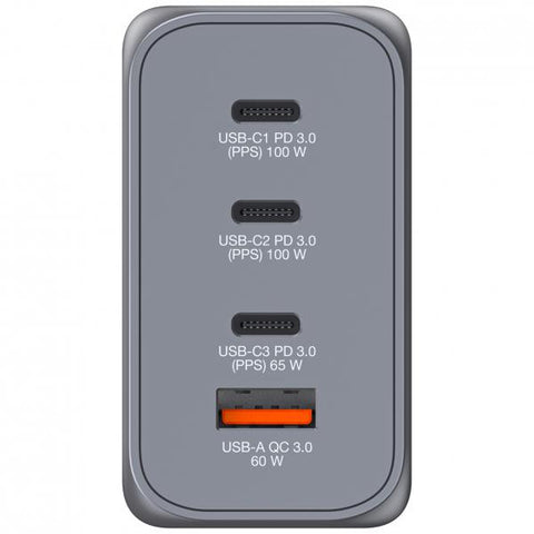 VERBATIM GaN CHARGER CARICABATTERIE DA RETE MULTINAZIONE 4 PORTE 200 W 3 x USB-C 1 x USB-A SPINA RIPIEGABILE PER EU USA e UK GRIGIO
