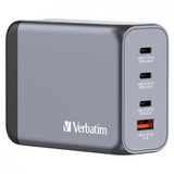VERBATIM GaN CHARGER CARICABATTERIE DA RETE MULTINAZIONE 4 PORTE 200 W 3 x USB-C 1 x USB-A SPINA RIPIEGABILE PER EU USA e UK GRIGIO