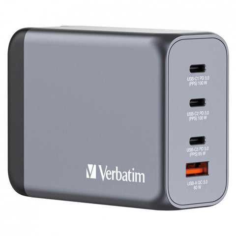 VERBATIM GaN CHARGER CARICABATTERIE DA RETE MULTINAZIONE 4 PORTE 200 W 3 x USB-C 1 x USB-A SPINA RIPIEGABILE PER EU USA e UK GRIGIO