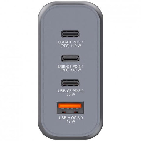 VERBATIM GaN CHARGER CARICABATTERIE DA RETE MULTINAZIONE 4 PORTE 140 W 3 x USB-C 1 x USB-A SPINA RIPIEGABILE PER EU USA e UK GRIGIO