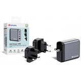 VERBATIM GaN CHARGER CARICABATTERIE DA RETE MULTINAZIONE 4 PORTE 140 W 3 x USB-C 1 x USB-A SPINA RIPIEGABILE PER EU USA e UK GRIGIO