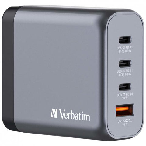 VERBATIM GaN CHARGER CARICABATTERIE DA RETE MULTINAZIONE 4 PORTE 140 W 3 x USB-C 1 x USB-A SPINA RIPIEGABILE PER EU USA e UK GRIGIO