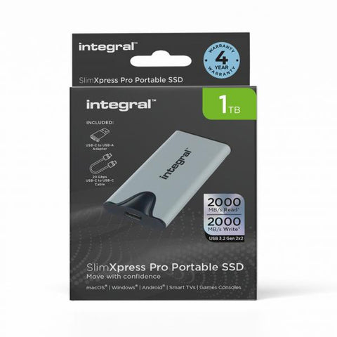 Integral SlimXpress Pro INSSD1TPORT3.2SLIMXS unit esterna a stato solido 1 TB USB 3.2 Gen 2x2 (1TB PORTABLE EXTERNAL SSD USB-C 3.2 GEN.2X2 SLIMXPRESS PRO SILVER R-2000MBs W-2000MBs USB-C to C CABLE