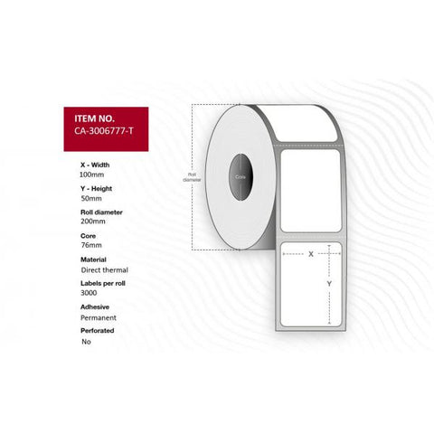 Capture CA-3006777-T-PERF etichetta per stampante (Label 100 x 50mm, Core 76mm, - Direct Thermal, Uncoated, - Permanent, With perforation, 3000 labels per roll, 4 rolls per box - Warranty: 12M)