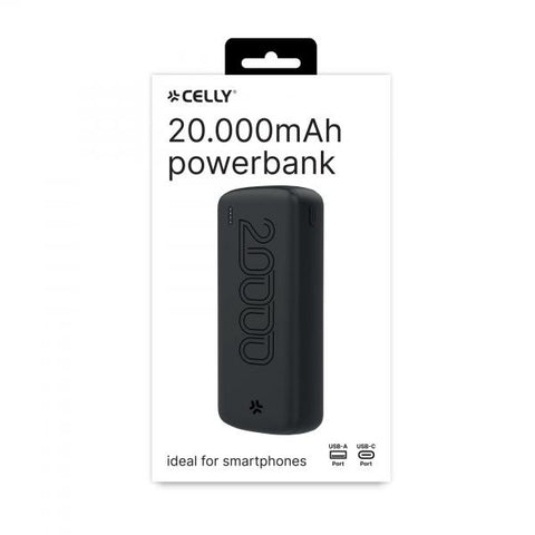 CELLY POWERBANK ENERGY 20.000mAh LED PER CONTROLLARE LA CARICA RIMANENTE 1 PORTA USB-C INPUT/OUTPUT E 1 PORTA USB-A NERO
