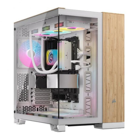 Corsair CC-9011284-WW computer case Midi Tower Bamboo, Bianco (Corsair 6500X Dual Chamber Gaming Case w/ Glass Side & Front, ATX, Mesh Panels, USB-C, Asus BTF Compatible, White/Bamboo Wood)