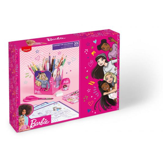 MAPED GIFT BOX BARBIE CON PASTELLI PENNARELLI TEMPERAMATITE FORBICI GOMMA FOGLI ADESIVI FOGLI DA COLORARE E PORTAPENNE COLORI ASSORTITI CONF 35 Pz.