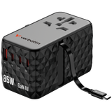 VERBATIM UNIVERSAL TRAVEL ADAPTER ADATTATORE UNIVERSALE DA VIAGGIO GaN III 85W CON CAVO USB-C INCORPORATO PER TUTTI I PAESI DEL MONDO NERO