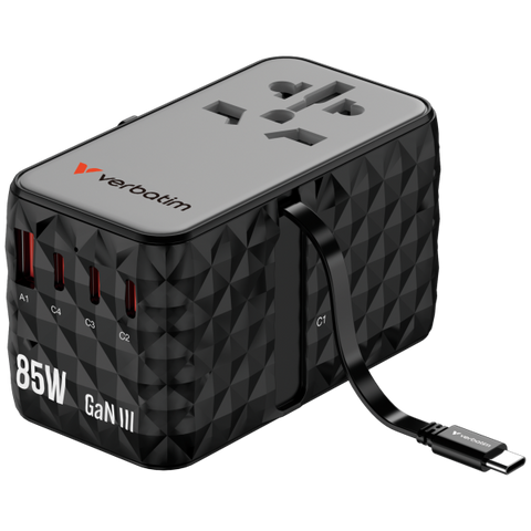 VERBATIM UNIVERSAL TRAVEL ADAPTER ADATTATORE UNIVERSALE DA VIAGGIO GaN III 85W CON CAVO USB-C INCORPORATO PER TUTTI I PAESI DEL MONDO NERO