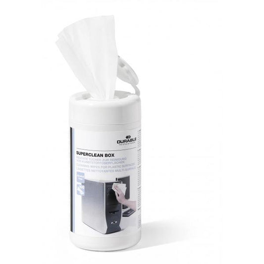 DURABLE SUPERCLEAN BOX 100 SALVIETTINE UMIDIFICATE PER LA PULIZIA DI SUPERFICI SINTETICHE E IN PLASTICA ANTISTATICHE E PRIVE DI ALCOOL BIODEGRADABILI