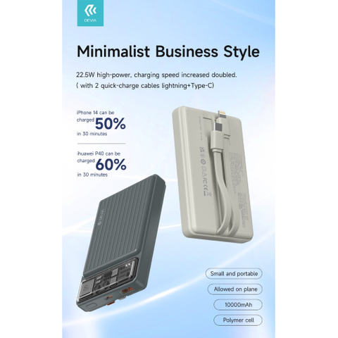 Devia Power Bank 10.000 mAh con due cavi 22,5W Carica rapida Avorio