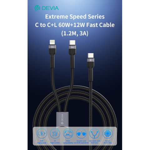 Devia Cavo Carica rapida da C a C+L 60W+12W 1,2 Metri 3 Amper