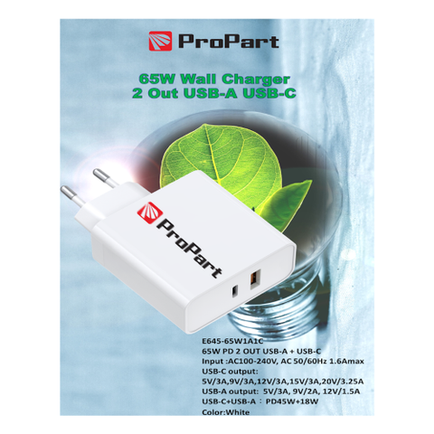 ProPart Carica Batterie 65W 2 Output USB-A + USB-C