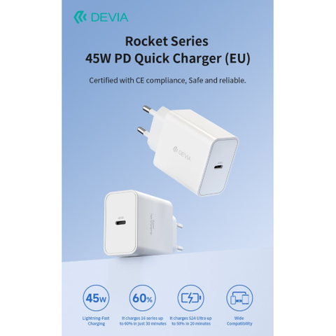 DEVIA CARICA BATTERIE PD 45 WATT TIPO-C PER CARICA RAPIDA BIANCO