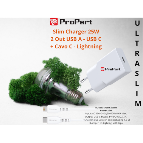 PROPART SLIM CARICA BATTERIE + CAVO TIPO C LIGHTNING 25W 1 OUT USB C