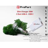 PROPART SLIM CARICA BATTERIE 30W 2 OUT USB A - USB C