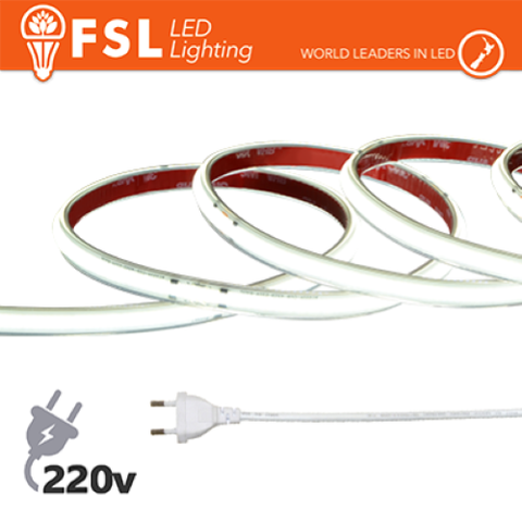 LUCE FREDDA - 6500K STRISCIA LED COB 5METRI - IP65 6500K 220V 15W/M 1350LM/M +KIT TAPPO, COLLA, CLIP