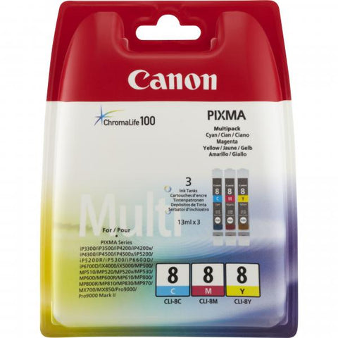 CANON MULTIPACK CLI-8 CMY PACK CARTUCCE CIANO+MAGENTA+GIALLO IN BLISTER CON ALLARME PER STAMPANTI INK JET CANON 420PG (0621B026)