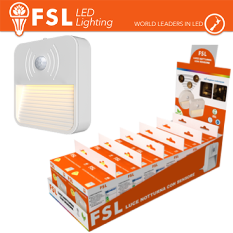 BIANCO LUCE NOTTURNA QUADRATA CON SENSORE DI MOVIMENTO BISPINA CON ESPOSITORE