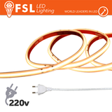 LUCE CALDA - 3000K STRISCIA LED COB 5METRI - IP65 3000K 220V 15W/M 1200LM/M+KIT TAPPO, COLLA, CLIP