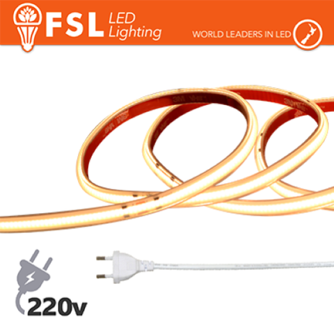 LUCE CALDA - 3000K STRISCIA LED COB 5METRI - IP65 3000K 220V 15W/M 1200LM/M+KIT TAPPO, COLLA, CLIP