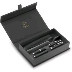 PARKER GIFT SET DUO PENNA A SFERA PUNTA M E PENNA STILOGRAFICA FUSTO LACCATO NER FINITURE CROMATE INCHIOSTRO BLU CONFEZIONE REGALO