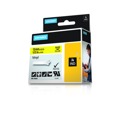 DYMO D1 RHINOPRO NASTRO IN VINILE COLORE GIALLO STAMPA NERO 12MMX5,5MT (18432)