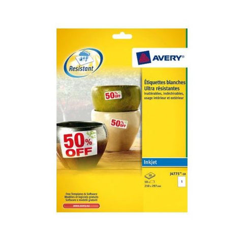 AVERY-ZWECKFORM J4775-10 ETICHETTE AUTOADHESIVO EN POLIESTERE POR STAMPANTI INKJET 210X297 MM 10 FOGLI X 1 ETICHETTA/FOGLIO BIANCO 
