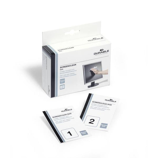 DURABLE SCREENCLEAN DUO 10 COPPIE DI SALVIETTINE MONOUSO PER LA PULIZIA E PER L'ASCIUGATURA ADATTE PER SCHERMI DELICATI E SMARTPHONE TASCABILI