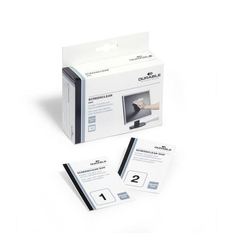 DURABLE SCREENCLEAN DUO 10 COPPIE DI SALVIETTINE MONOUSO PER LA PULIZIA E PER L'ASCIUGATURA ADATTE PER SCHERMI DELICATI E SMARTPHONE TASCABILI