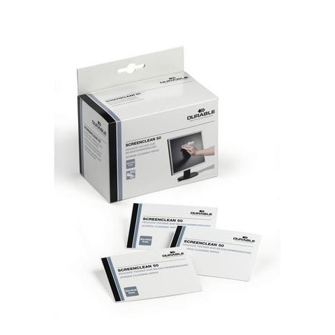 DURABLE SCREEN CLEAN 50 SALVIETTE MONOUSO UMIDIFICATE PER LA PULIZIA DI SUPERFICI SINTETICHE O IN PLASTICA ANTISTATICHE E PRIVE DI ALCOOL TASCABILI 50 PEZZI