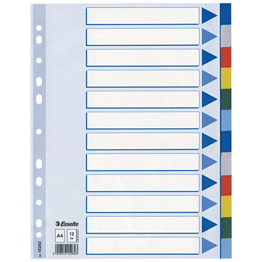ESSELTE MYLAR INTERCALARE IN PP 225X297 mm 12 TASTI COLORI ASSORTITI CONF 10 Pz.