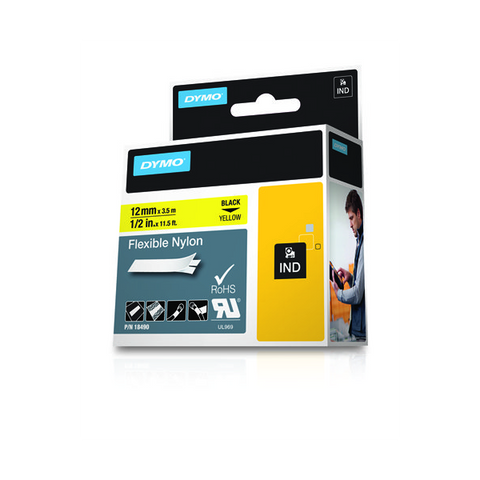 DYMO D1 RHINOPRO NASTRO IN NYLON PER STAMPANTI A TRASFERIMENTO TERMICO 12MM X 3.5MT COLORE GIALLO STAMPA NERO (18490A)