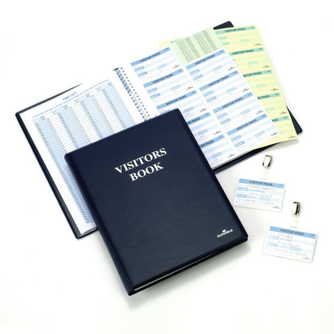 Durable 146500 libro degli ospiti (Durable GDPR Compliant Visitor Book 300 Blue Leather Look Front Cover With 300 Perforated 90x60mm Visitor Badge Inserts - 146500)