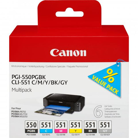Canon PGI-550PGBK + CLI551 (PGBK/C/M/Y/BK/GY) Originale Nero per foto, Ciano per foto, Grigio per foto, Magenta per foto, Nero, Giallo foto 6 pezzo(i)