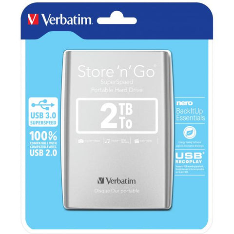 Verbatim Disco rigido portatile Store 'n' Go USB 3.0 da 2 TB Argento (Verbatim Portable Hard Drive Verbatim 2TB Silver HARD DRIVE)