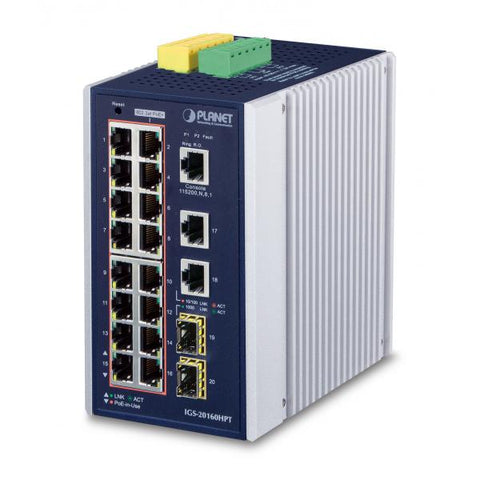 PLANET IGS-20160HPT switch di rete Gestito L2/L3 Gigabit Ethernet [10/100/1000] Supporto Power over Ethernet [PoE] Blu, Bianco (IP30 Industrial L2+/L4 16-P - 1000T 802.3at PoE+ 2-Port - 1000T + 2-por