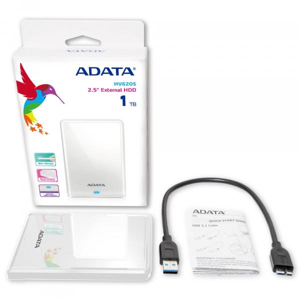 ADATA HV620S disco rigido esterno 1 TB USB tipo-C 3.2 Gen 1 [3.1 Gen 1] Bianco (Adata HV620S 1TB USB 3.1 2.5 Inch Portable External Hard Drive, White)