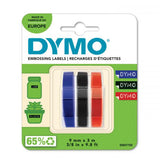 DYMO 3D CONFEZIONE 3xNASTRO IN VINILE PER ETICHETTE 9MM x 3MT COLORI ROSSO+BLU+NERO STAMPA BIANCO