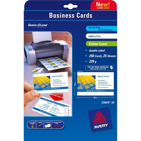 AVERY-ZWECKFORM C32016-25 CONF 250 BIGLIETTINI DA VISITA 84x54 MM PER STAMPANTI LASER/INKJET 220 GR/M2 BIANCO OPACO