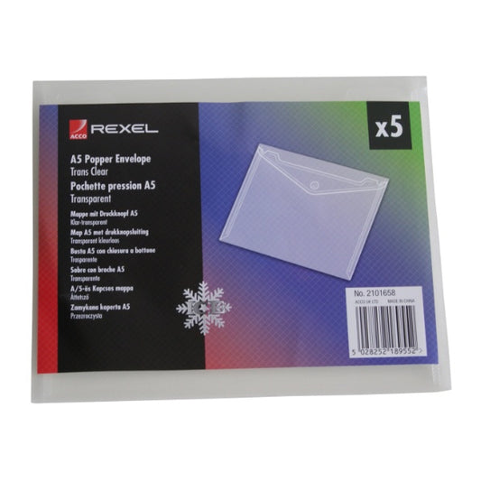 REXEL ICE BUSTE C/BOTTONE IN PP 180X220MM A5 COL. TRASPARENTE CONF 5 Pz.